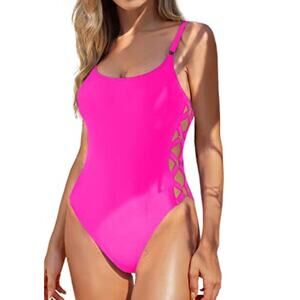 Tempt Me Women's Low Neckline Criss Cross One Piece Swimsuit-Neon Pink Small NWT